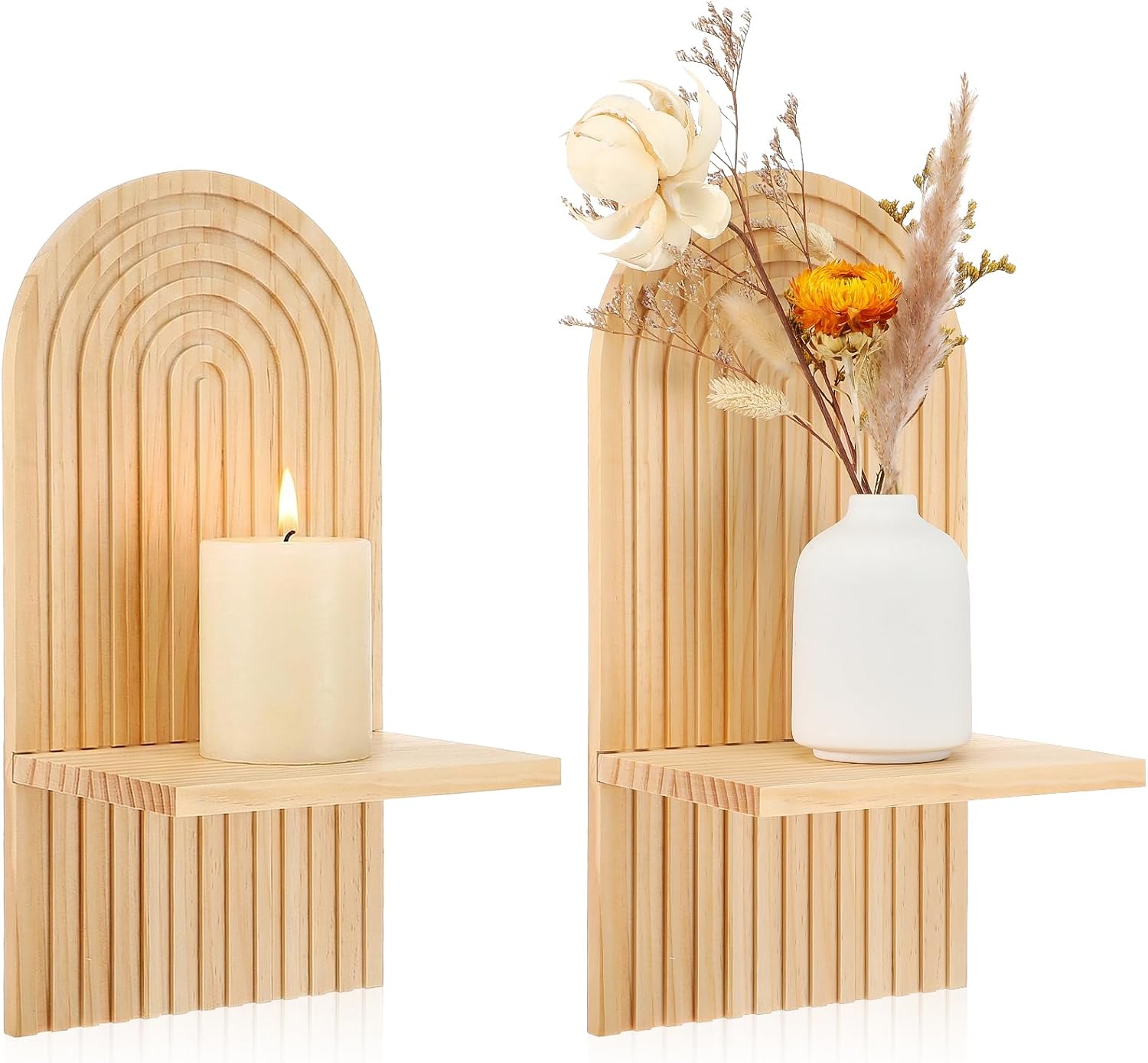 Boho Wall Decor Floating Shelves Set of 2 - Natural Wood Arched Wall Shelf for Modern Minimalist Decor, Rustic Hanging Shelves for Living Room, Bedroom, Bathroom