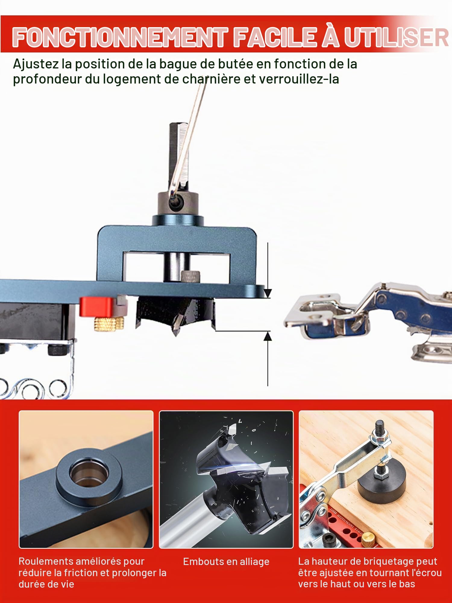 VOBOR Gabarit de Percage Charniere 35mm, Bloc de Positionnement 3-6 mm, Guide de Percage Dissimulé en Métal, Localisateur de Poinçon de Armoire, pour le Travail du Bois de Bricolage