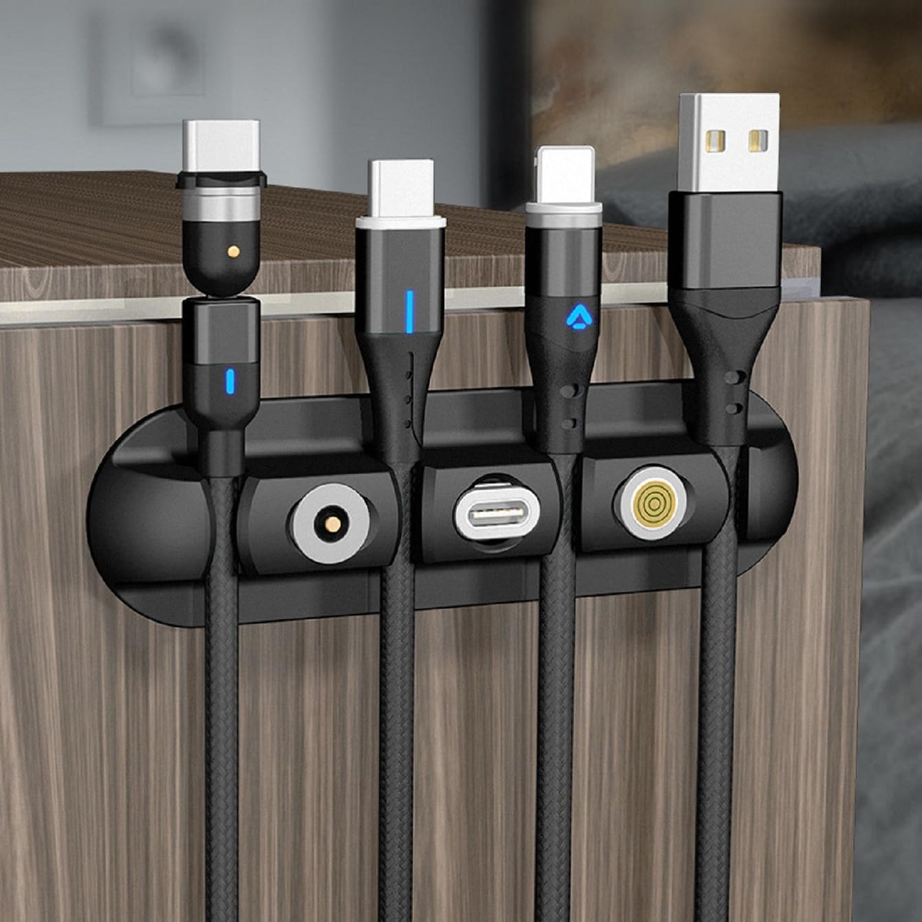 Desktop Cord Holder, Multipurpose Wire Keeper for Lightning, USB-C, Micro Cables - Sticks to Wood, Marble, Metal, Glass (Black)