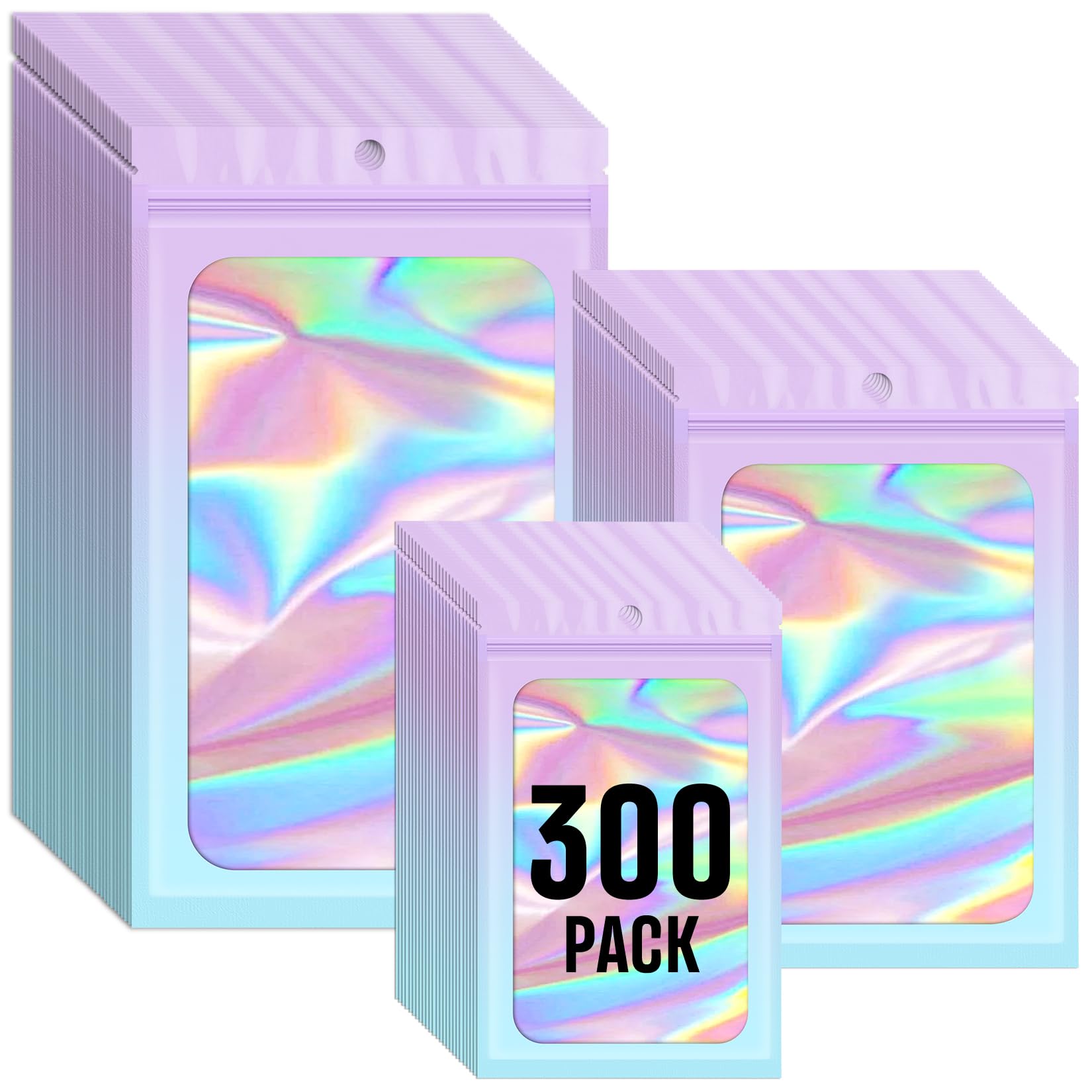Funfery 300 Pack 3 Size Mylar Holographic Bags with Clear Window,Resealable Bag Smell Proof Foil Baggies Packaging Pouch for Food Storage,Sample,Small