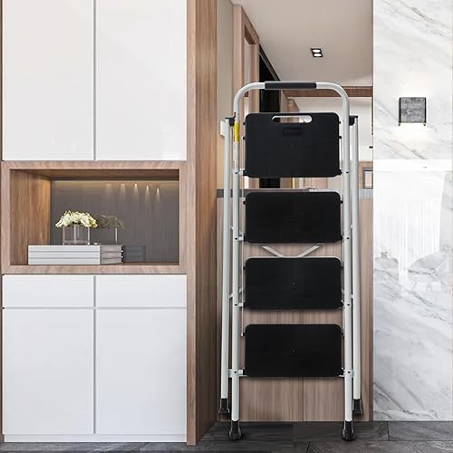 Miniatura 10 de BOCOM Escalera de 3 escalones, ligera, portátil, plegable, plegable, resistente, de acero con empuñadura, pedal ancho antideslizante, capacidad de