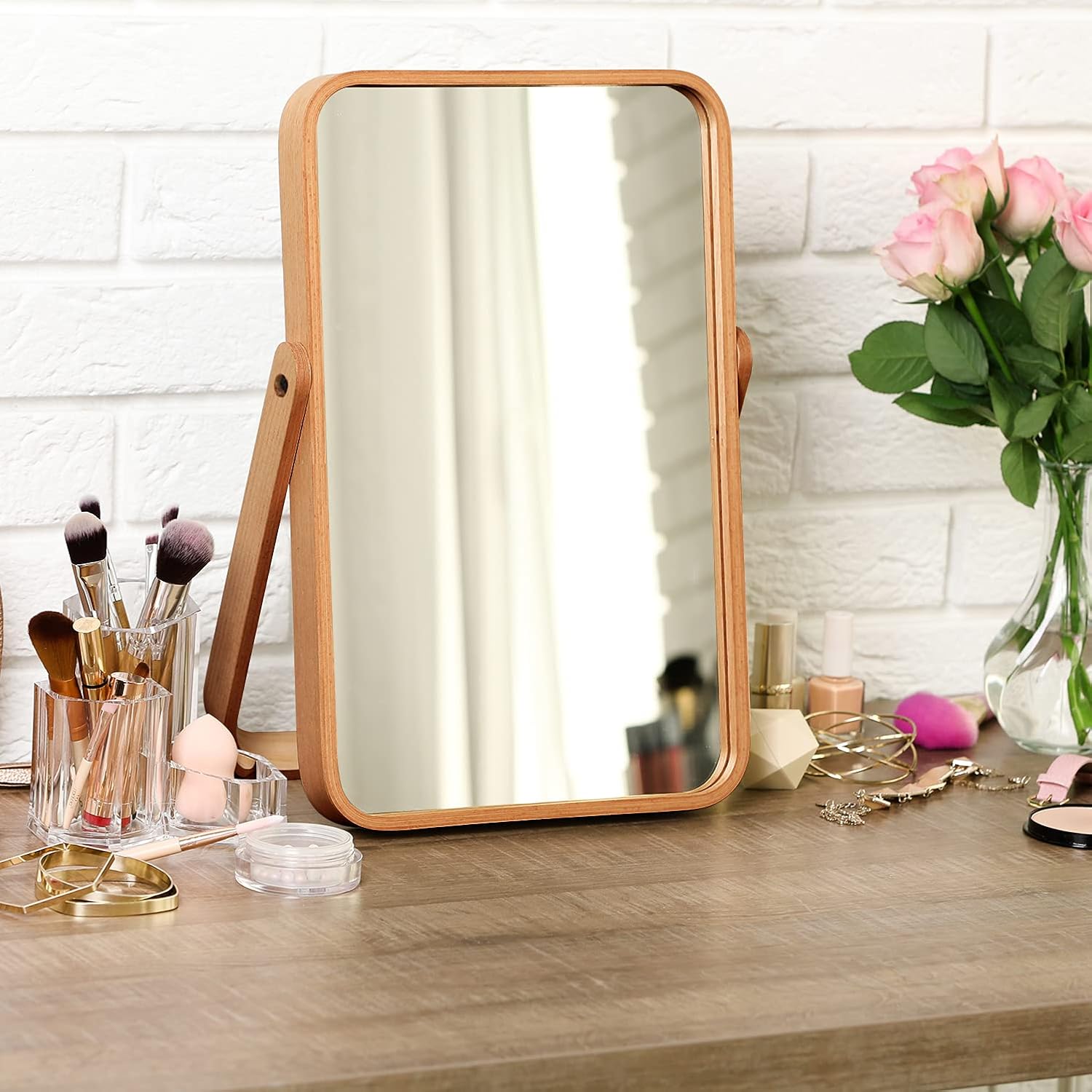 Vintage Wood Table Vanity Makeup Mirror, Rectangle Wall-Mounted Mirrors, Desk Mirror, Hanging Mirror, Wall Mirror Decor for Living Room, Bedeoom, Entryway, 8x11 inch