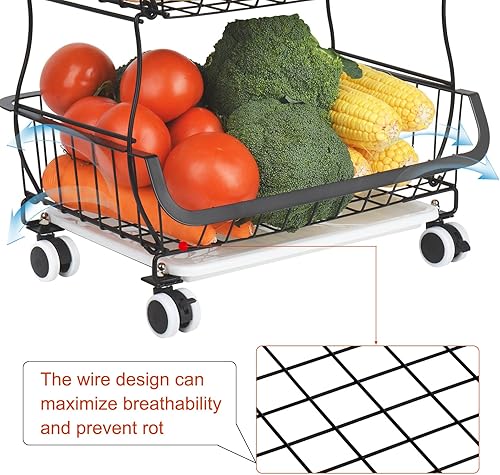 Miniatura 6 de Toplife Cesta de frutas de 5 niveles para cocina, carrito de almacenamiento de frutas, verduras y aperitivos con ruedas, soporte organizador para