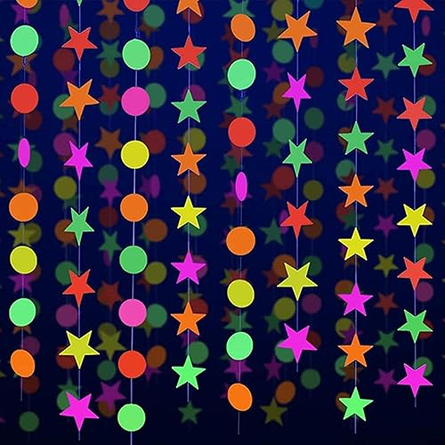 100 globos de neón UV de papel redondo de 90 pies guirnalda de neón con estrellas serpentinas de neón 3 gafas LED suministros de fiesta que brillan
