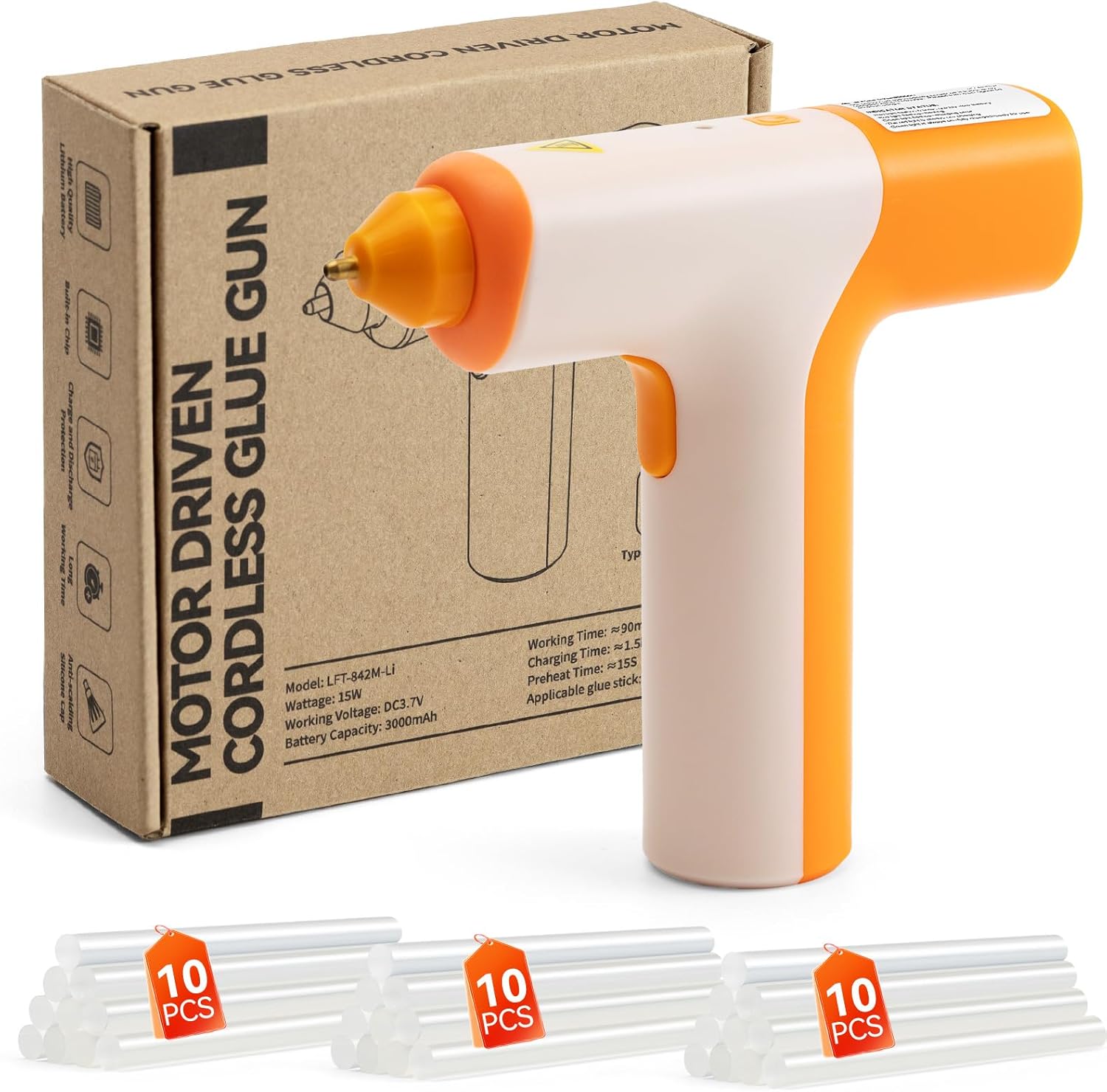 Cordless Hot Glue Gun, 15S Heating Fast Hot Melt Gun, Smart-Power-off, Hot Glue Gun Kit with 30 Pcs Mini Glue Sticks for DIY School Craft Projects and Quick Home Repairs (White-orange) Thumbnail