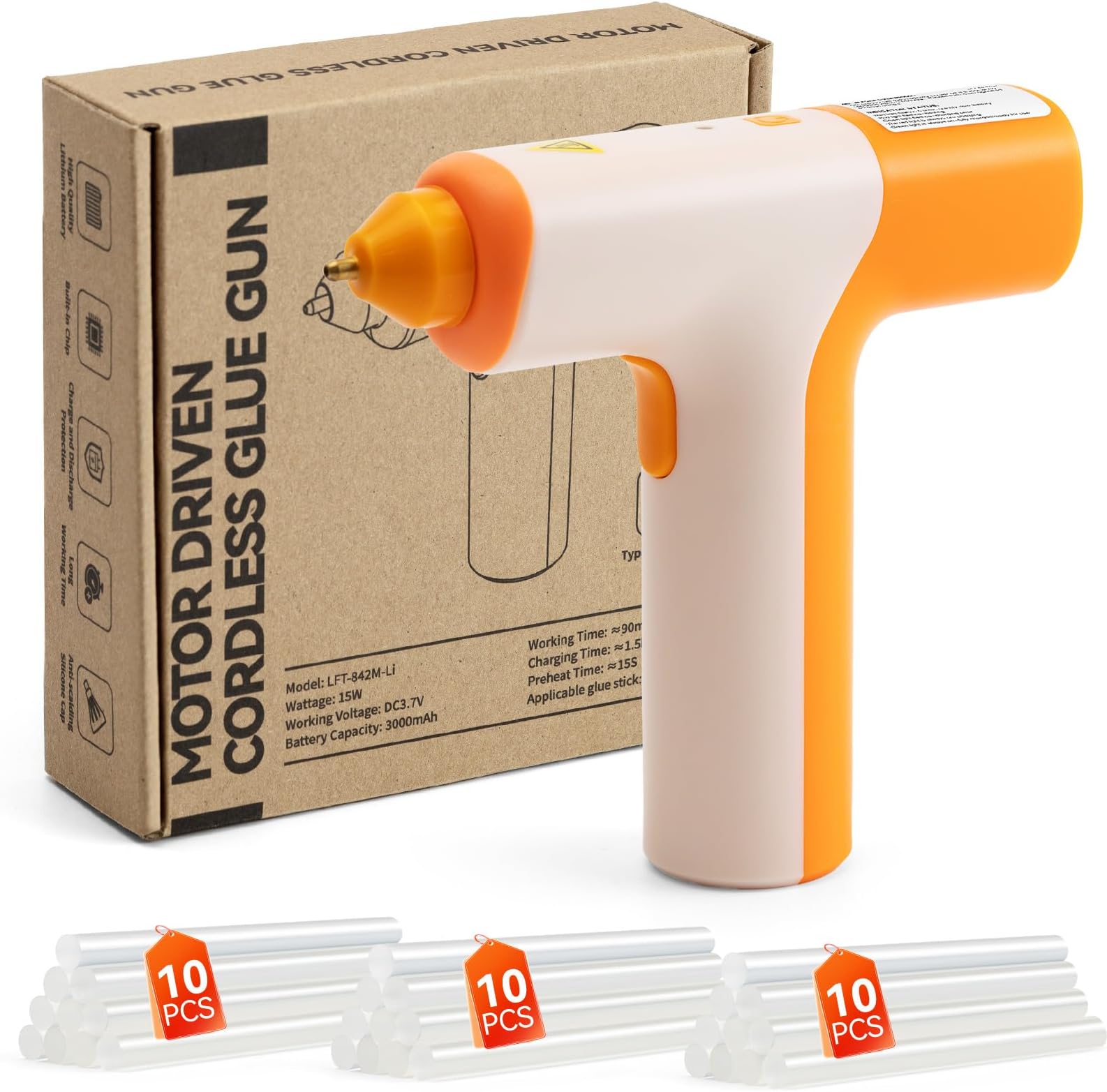 Cordless Hot Glue Gun, 15S Heating Fast Hot Melt Gun, Smart-Power-off, Hot Glue Gun Kit with 30 Pcs Mini Glue Sticks for DIY School Craft Projects and Quick Home Repairs