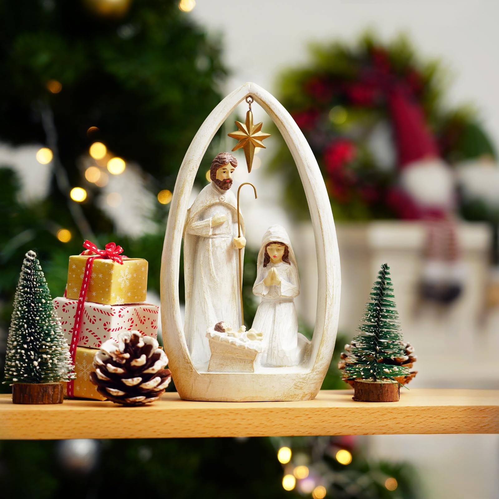 Ensemble de crèche de Noël pour scène de famille sainte - Cadeaux religieux chrétiens - Décoration d'intérieur - Statue en résine - Figurines de décoration - Collection de décorations - 22,4 cm de