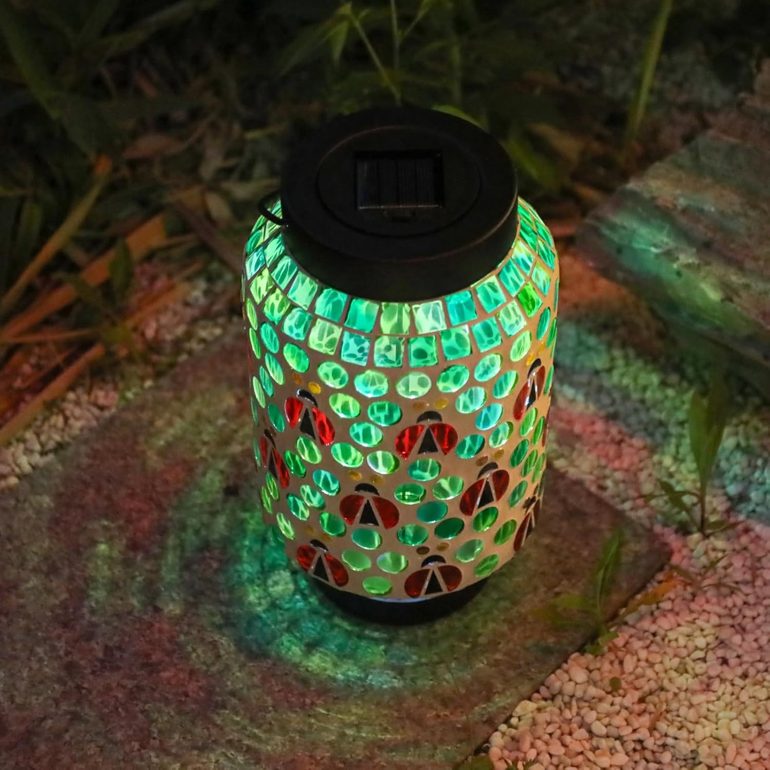 Afirst Mosaic Solar Lanterns - Ladybug Glass Hanging Solar Lights Hollow Out Waterproof Decorative Lights for Garden, Patio, Holiday Party Outdoor Decoration