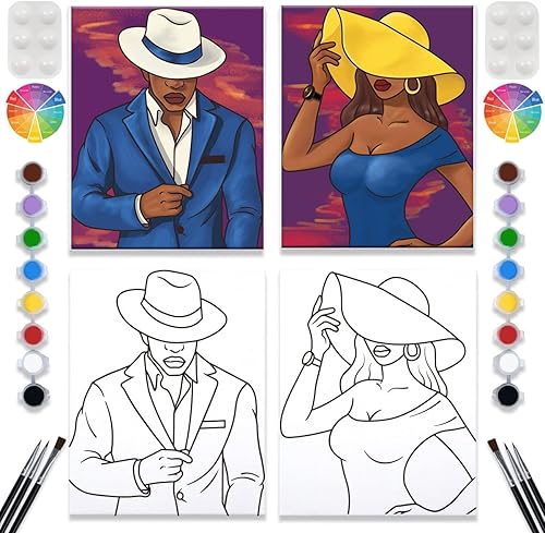 2 Pack Paint and Sip Canvas Painting Kit - 8x10 Pre Drawn Stretched Canvas for Adults - Couples Games, Date Night, Gentleman and Lady Paint Party,