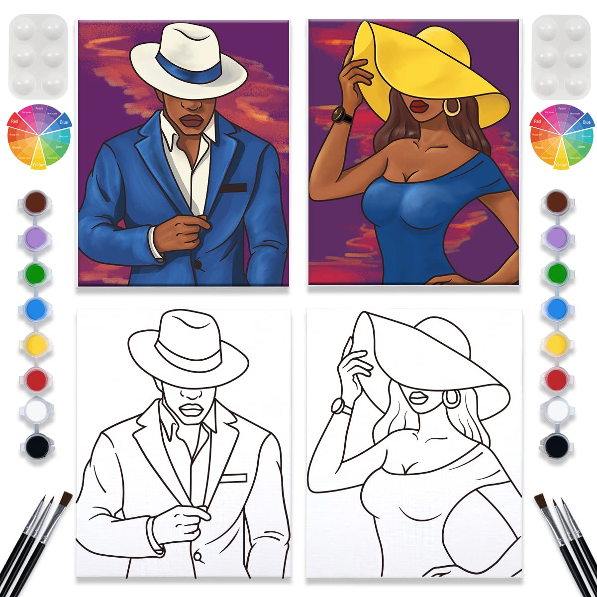 2 Pack Paint and Sip Canvas Painting Kit - 8x10 Pre Drawn Stretched Canvas for Adults - Couples Games, Date Night, Gentleman and Lady Paint Party, Anniversary, Valentines
