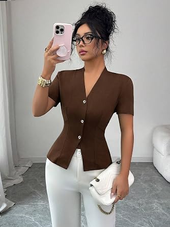 Women V Neck Elegant Solid Color Fit Front Button T-Shirt Summer Tops
