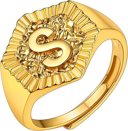 KeyStyle Bold Initial Letter Rings Adjustable, GoldChic Jewelry Women Gold Statement Ring Personalized Engraved Womens Open Signet Ring for Party