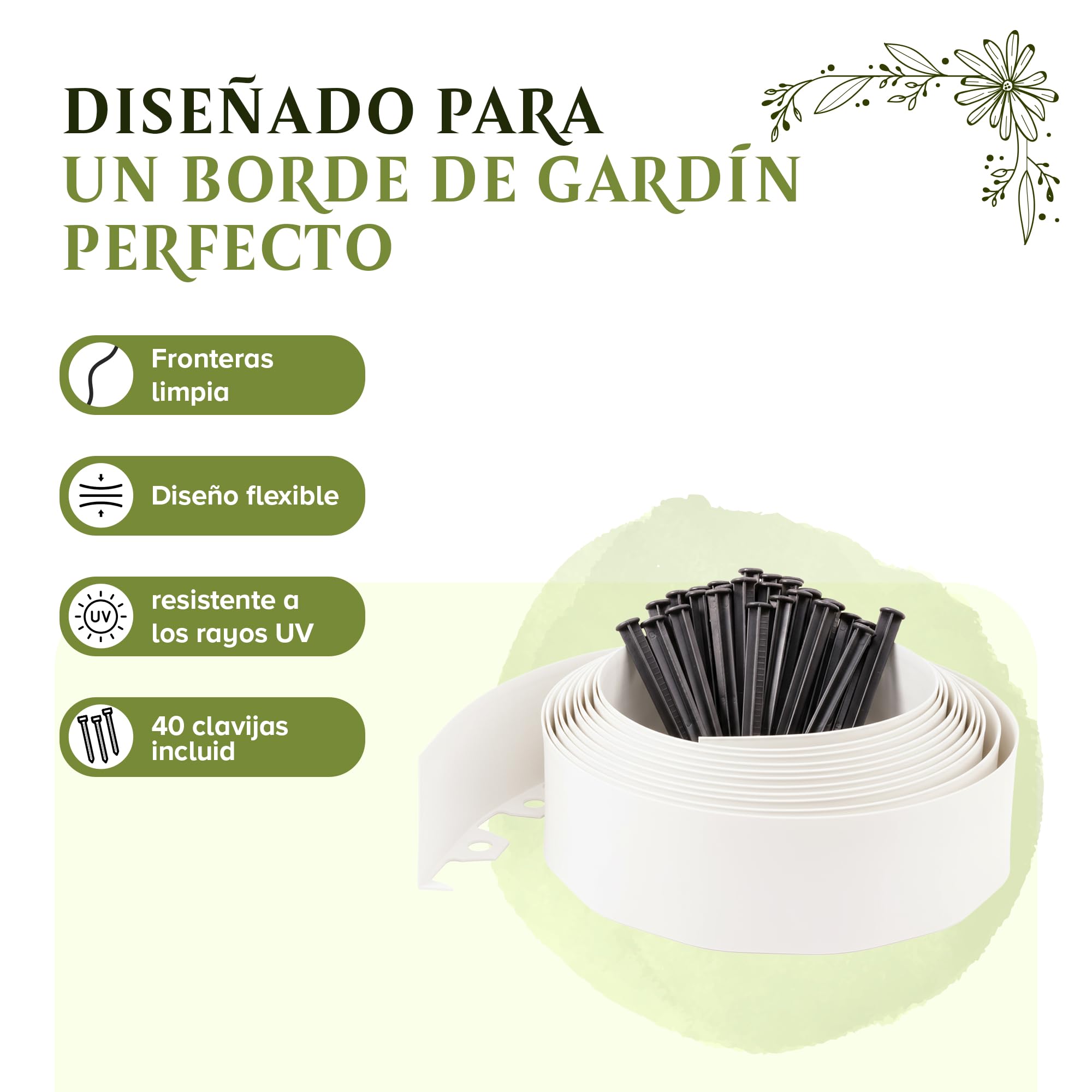 Borde Flexible para césped (10 m, 40 Anclajes de Tierra, 6 cm de Altura), plástico Blanco, Resistente a la Intemperie, Borde Redondo, bordillo Redondo para césped, remate de Corte