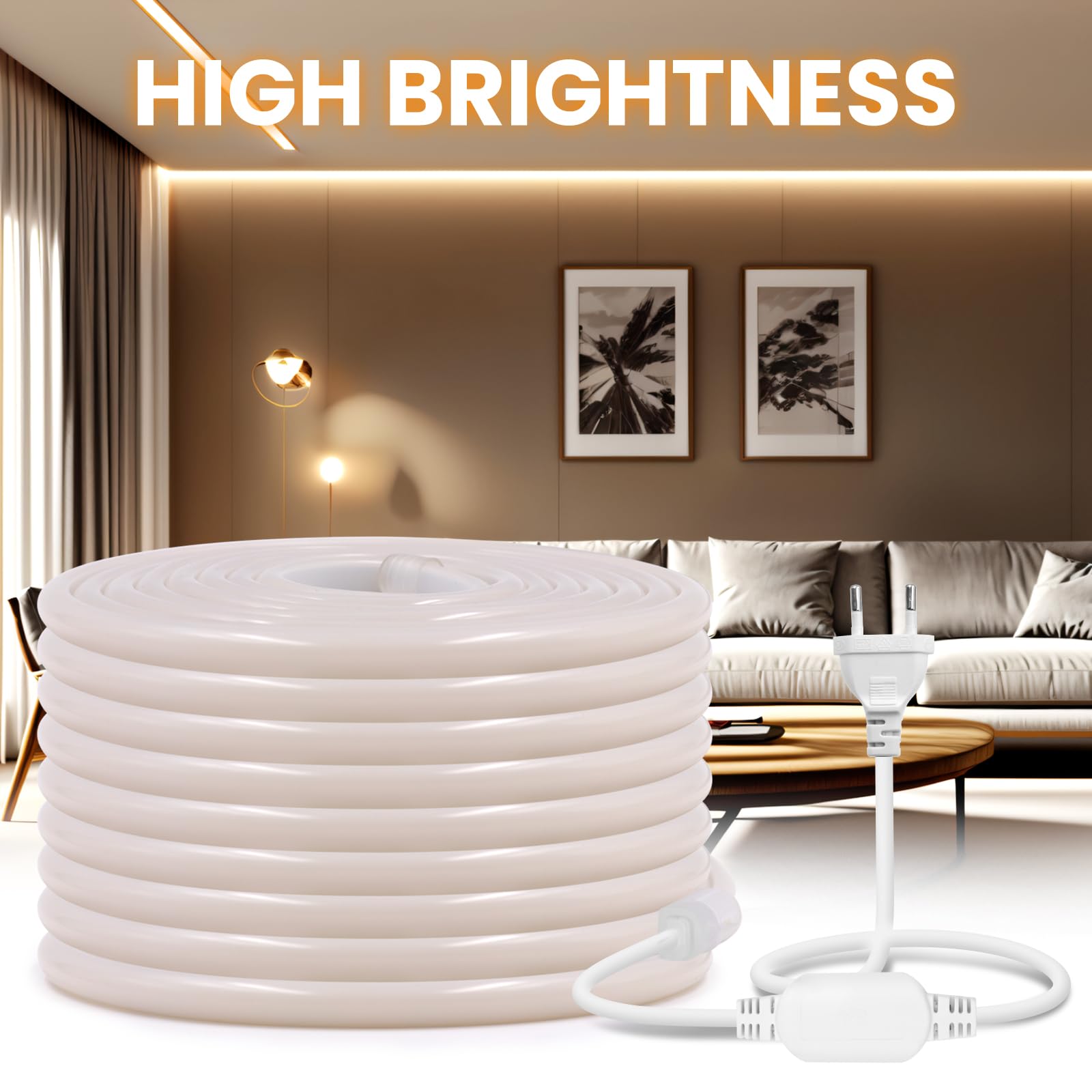 Tira de LED de neón COB 220-240V 4m, 270°iluminación, recortable (50cm), 288LEDs/m Tira de LED FCOB Blanco Cálido Flexible superbrillante con Enchufe para Navidad, decoración de fiestas