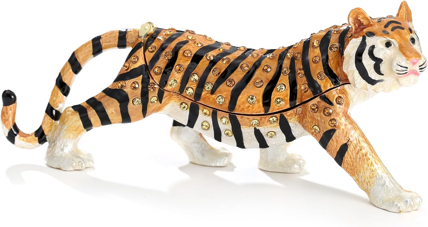 Hand Painted Animal Trinket Box for Home Decor, Hinged Jewelry Organizer Storage, Unique Personalized Collectible Keepsake Figurine Handmade Decorative Ornament Gifts (Tiger)