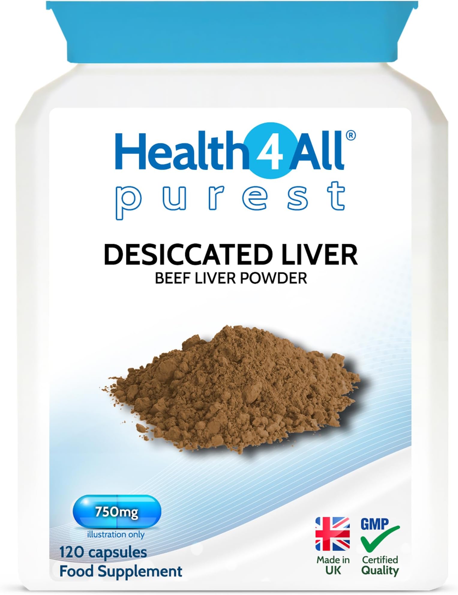 Beef Liver Capsules, 120 Capsules, 750mg per Capsule, Desiccated Beef Liver Supplement, Un-defatted, Naturally Occurring Vitamins and Minerals, Made in the UK - Health4All