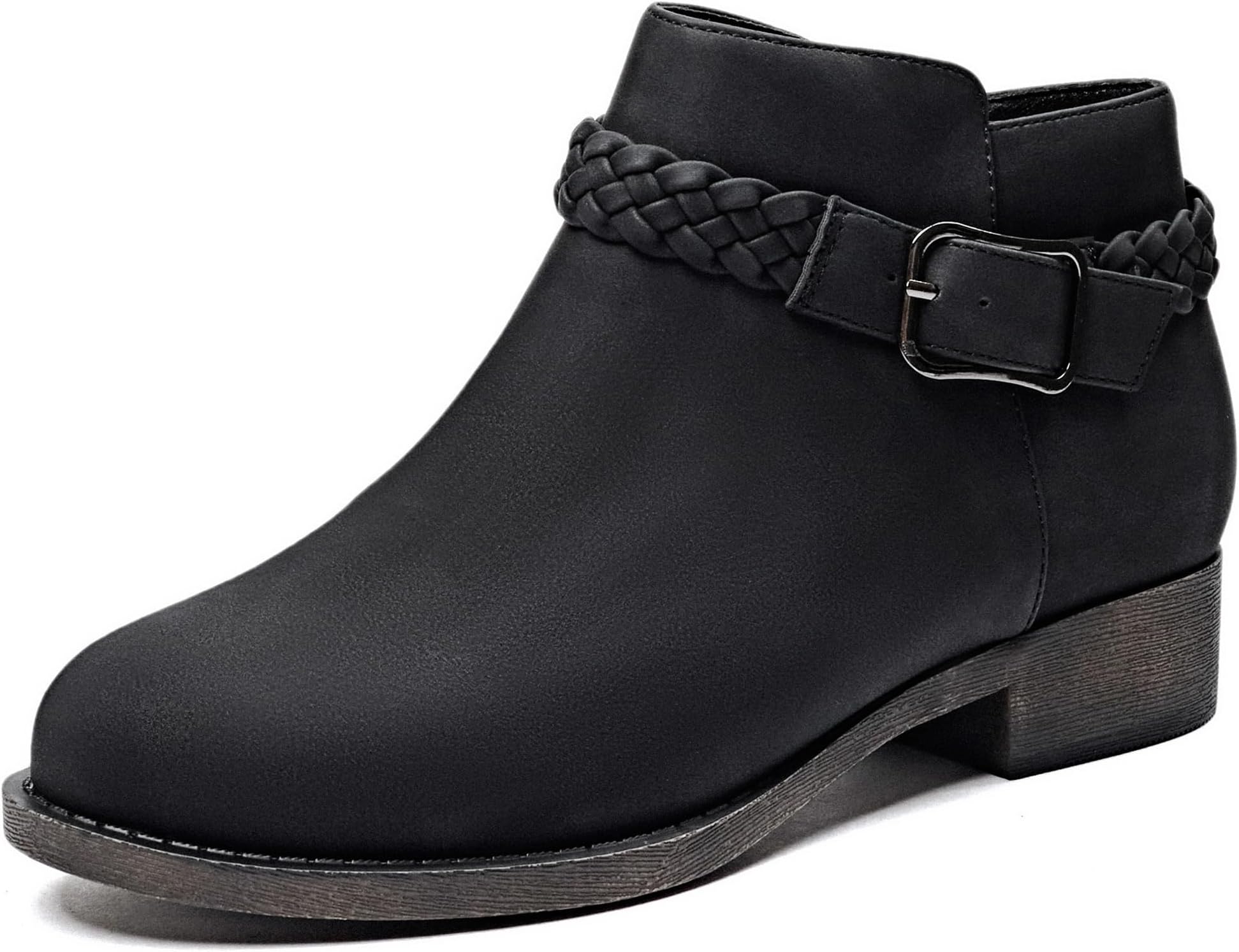 VeittesWomen's Ankle Boots - Classic Side Zip, Comfortable Platform, Cover with Buckle Strap, Round Toe, Low Chunky Heel Comfort Slip On Fashion (Black/Dark Brown/Grey) Boots