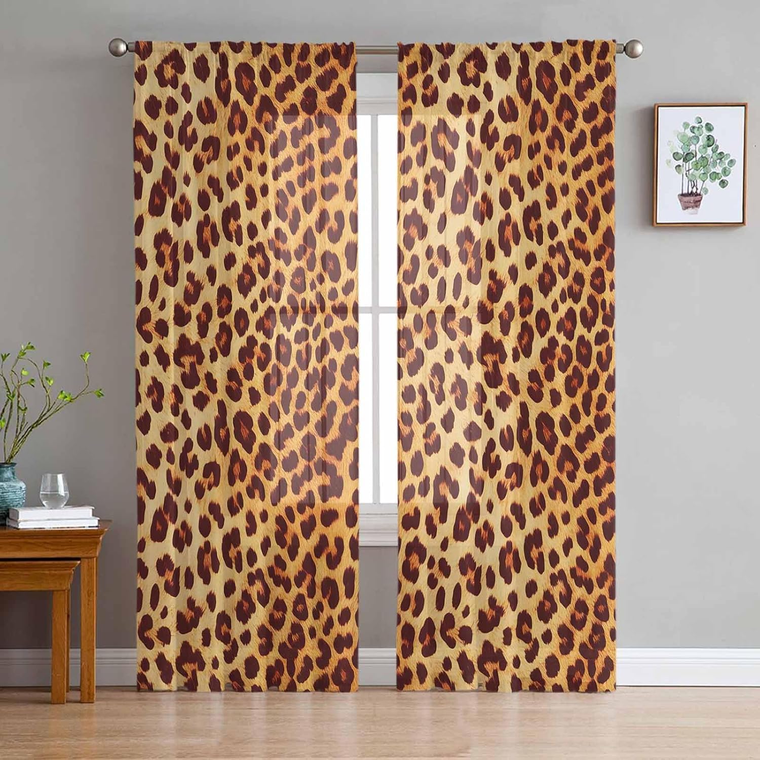 Semi-Sheer Curtains 72 Inch Length 2 Panels Set, Wild Animal Nature Leopard Print Voile/Chiffon Window Curtain Rod Pocket Drapes for Bedroom Parlor Large 52x72 Inch
