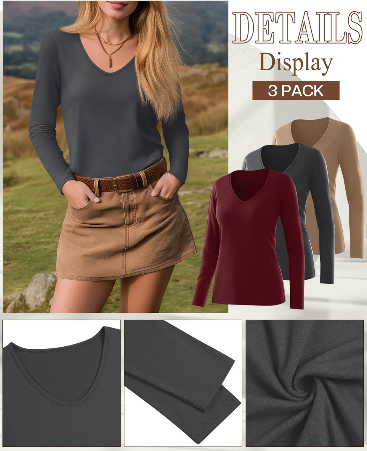 Ficerd 3 Pack Women's Long Sleeve T Shirts, V Neck Basic Tops Fall Casual Trendy Tees Loose Fit Soft Clothes Outfits - Image 5