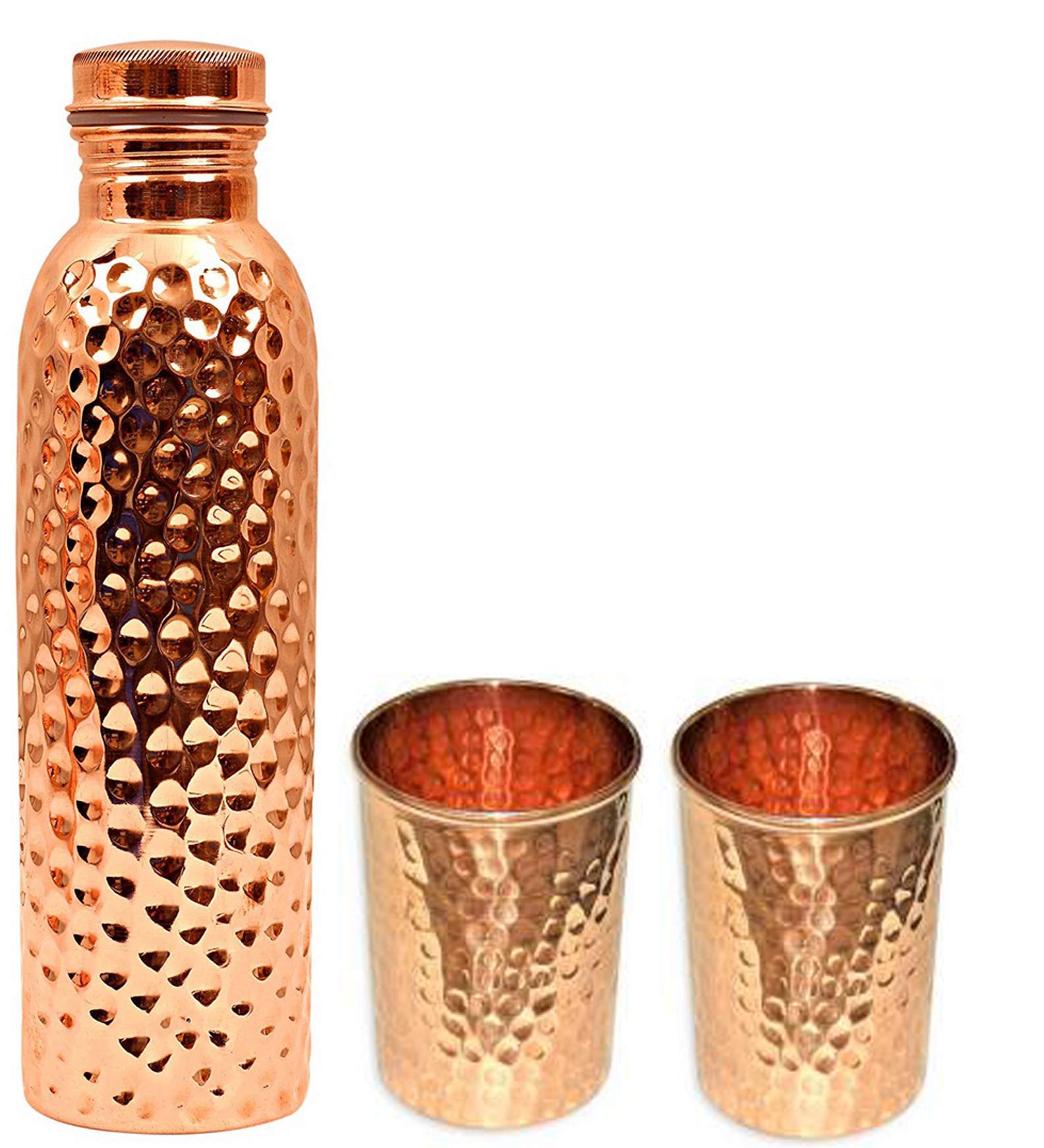 Bouteille D'eau En Cuivre Pur 1000 Ml Avec 2 Verres Martelés 300 Ml - Fait Main En Inde