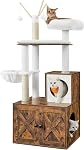 Feandrea WoodyWonders Cat Tree with Litter Box Furniture Hidden Enclosure, 2-in-1 Modern Tower, Cat Condo with Scratching Posts, Removable Pompom Sticks, Cloud White UPCT113W01
