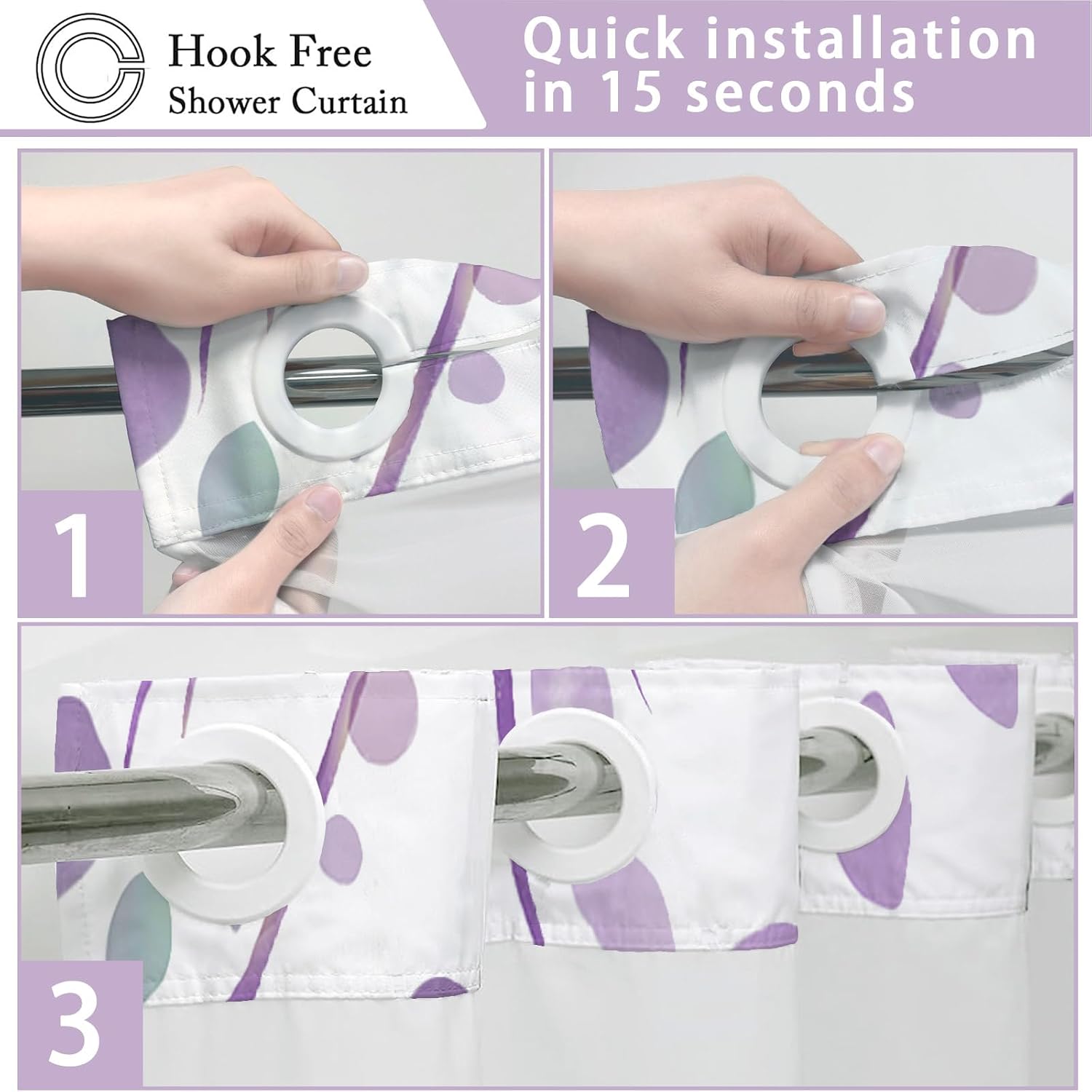 No Hook Shower Curtain with Liner, Purple Boho Leaf, 71x74 Inch image 3