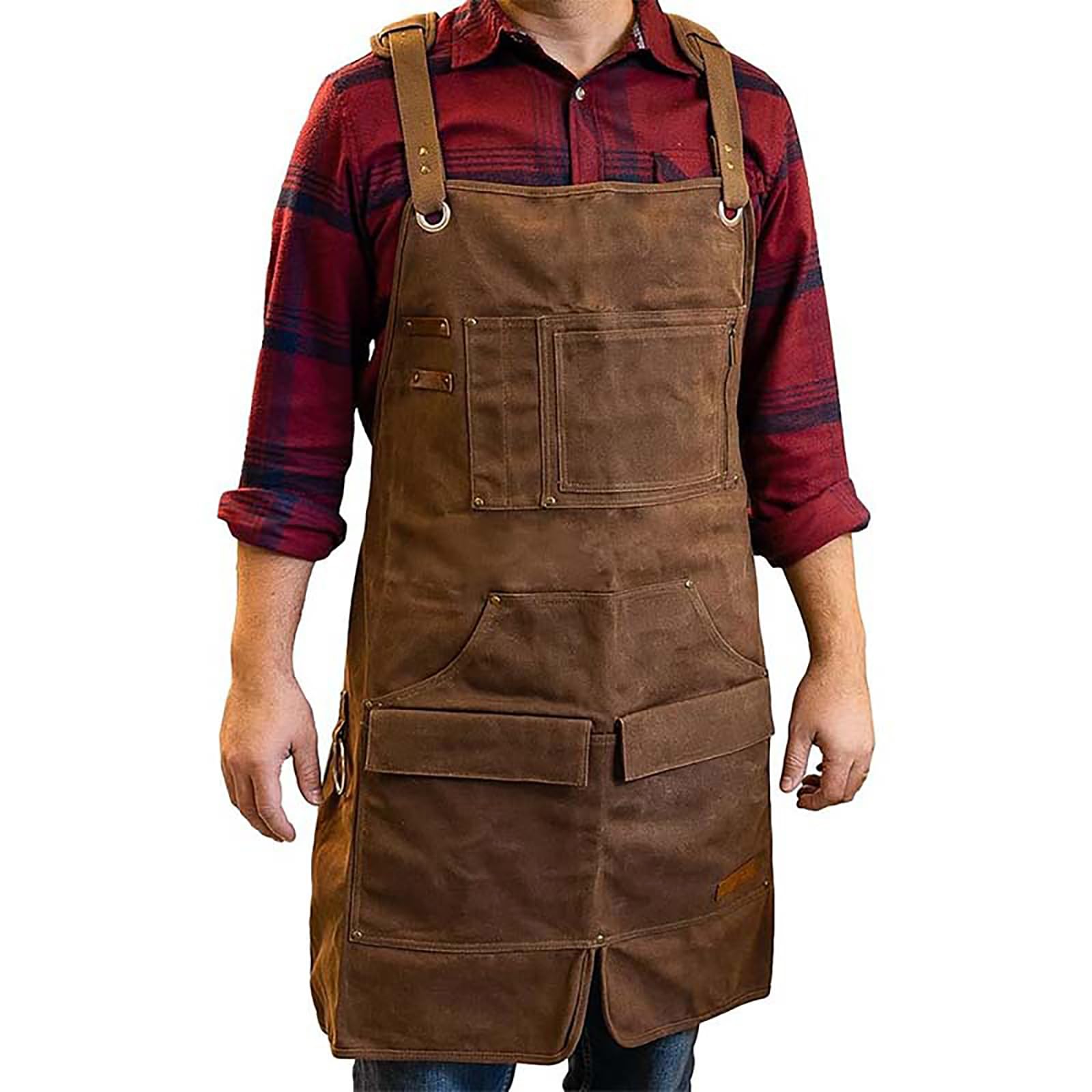 Delantal De Trabajo De Lona Encerada Resistente, Delantal De Herramientas Ajustable con Bolsillos para Carpintería, Soldadura,One Size,Brown