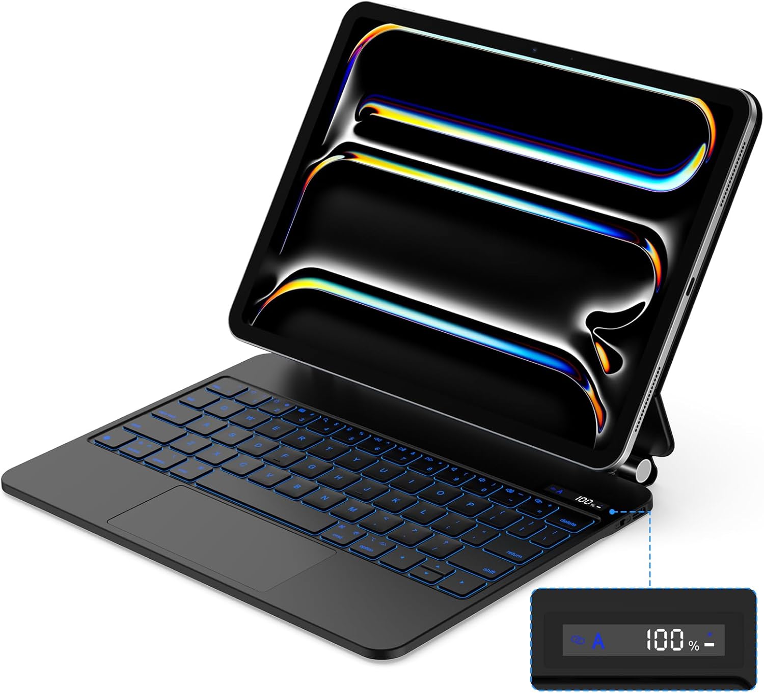 GOKOCO Magic Keyboard Case for iPad Pro 11“ M5 2025/M4 2024,Easy-Set Magnetic Detachable Keyboard with Multi-Touch Trackpad,7 Colors Backlight,Floating Cantilever Stand,LCD Screen-Black