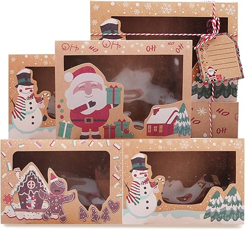 Paquete de 6 cajas de galletas de Navidad de 8.7 x 2.7 x 6 pulgadas con ventana, grandes con diseño de Papá Noel, muñeco de nieve, pan de jengibre,