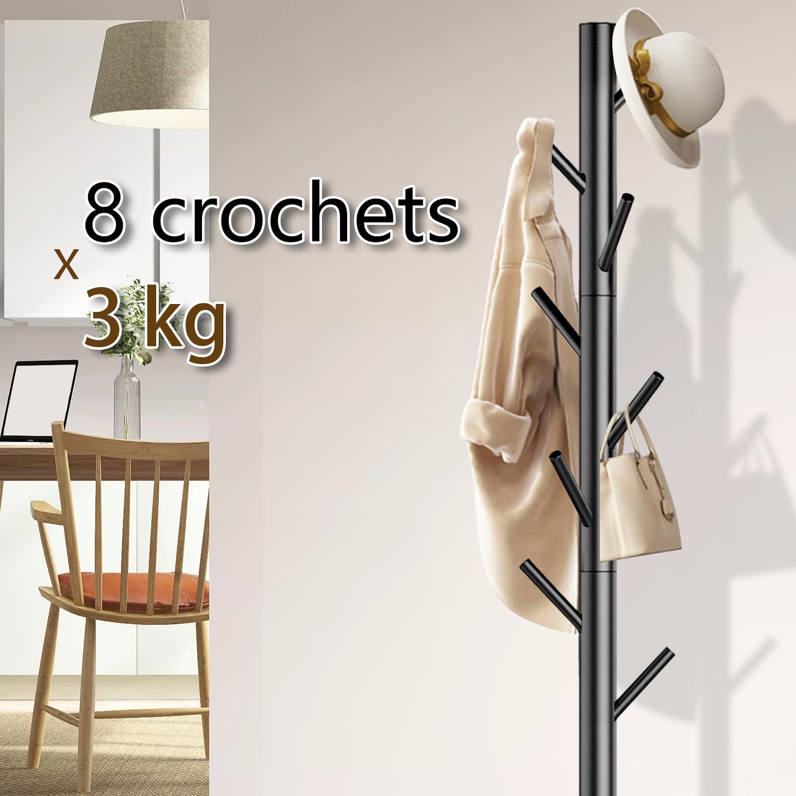 Kasunpul Porte-manteau en bois avec 8 crochets, 3 tailles réglables Porte-manteau en arbre pour la chambre, le couloir, le bureau, les vêtements, les chapeaux
