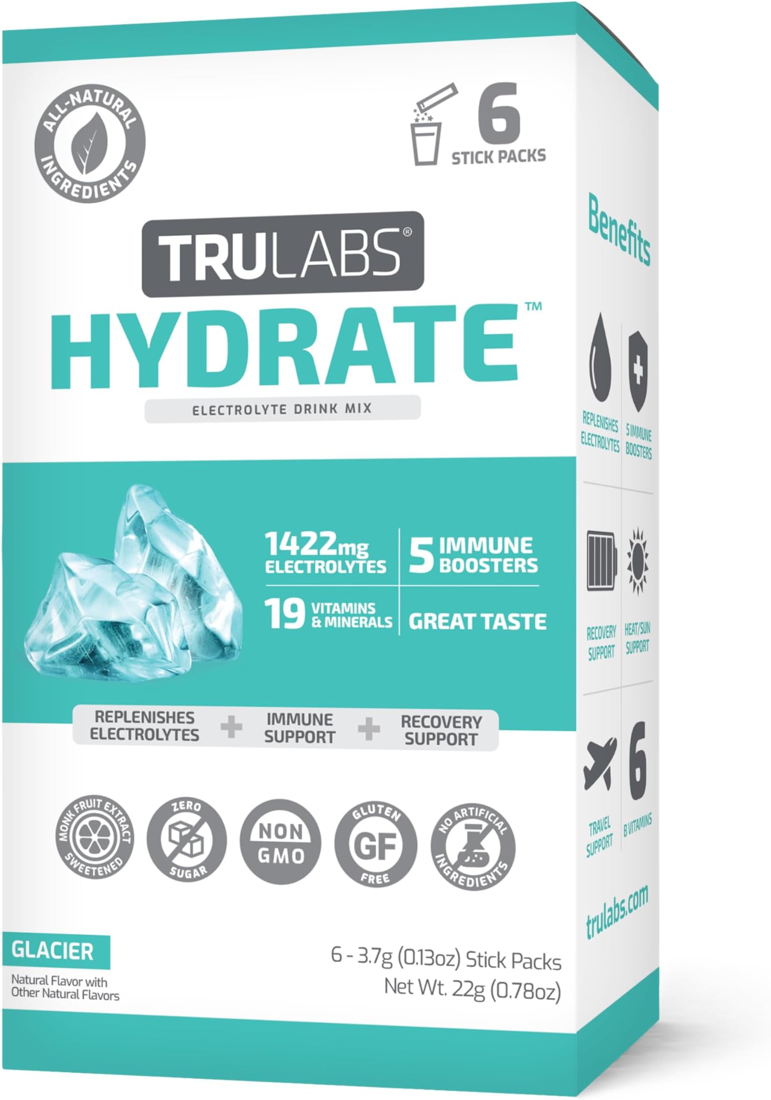 TRULABS Hydrate - Glacier. Sugar Free Electrolytes Hydration Packets. Each Serving Contains 1422 mg of Electrolytes &19 Vitamins & Minerals (6ct)
