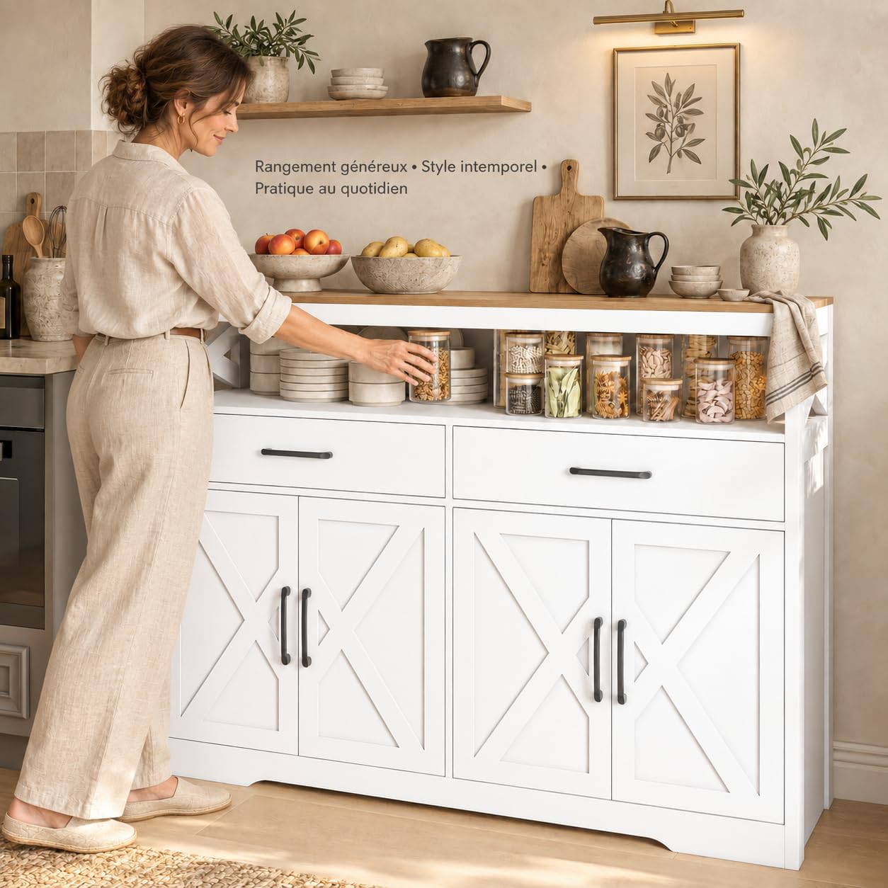 Commode Buffet 4 Portes 2 Tiroirs, Meuble Bas Élégant en Bois Blanc, Parfait pour Salon, Cuisine ou Couloir, 140x40x105 cm