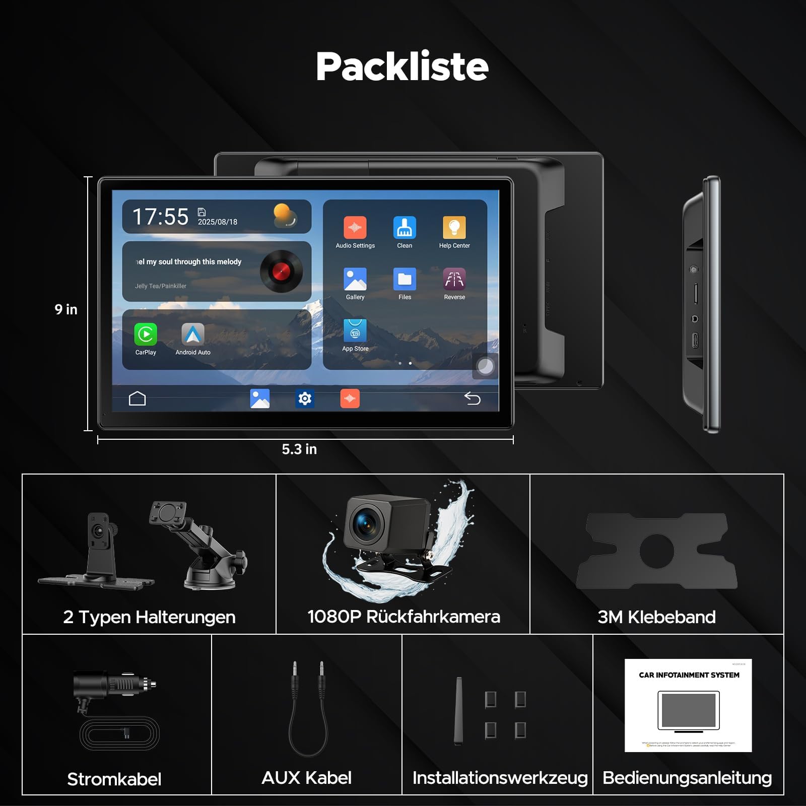 Volam Écran CarPlay Voiture 9 Pouces Car Play Sans Fil avec Net-flix YouTube TikTok,A-pple CarPlay&Android Auto,Caméra de Recul Incluse,Mirror link/Bluetooth 5.2,OTA/FM/AUX pour Tous Véhicules