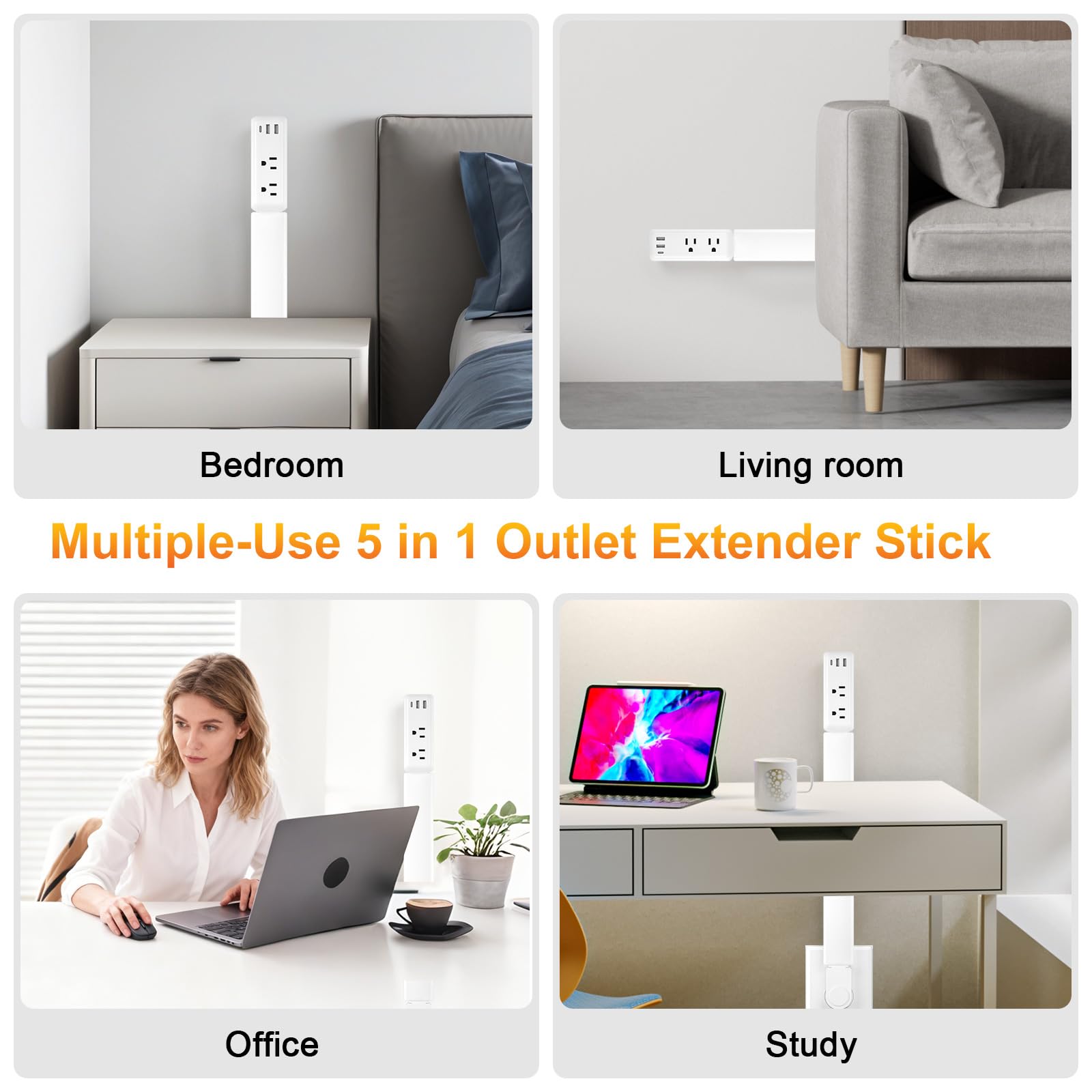2 x przedłużki do gniazdka elektrycznego 55,9 - 86,4 cm z 2 gniazdami AC i portami USB-A, portami USB-C, gniazdko ścienne obracane o 180°, trudno dostępne przedłużenie za stolikiem nocnym, kanapa