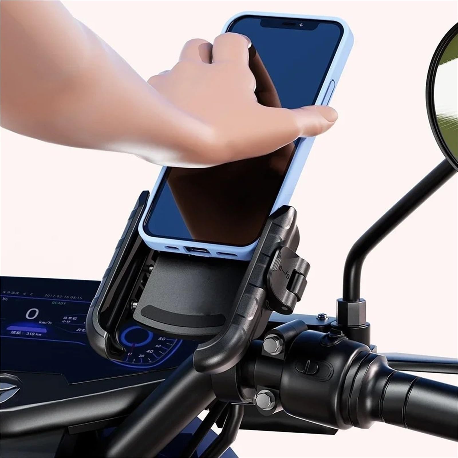 Soporte Movil Coche Supporto per telefono per moto Blocco e rilascio Supporto per staffa per manubrio per bicicletta per moto per supporto per retrovisore da 5,4-7,2 pollici Accesorios Coche(Rear-view