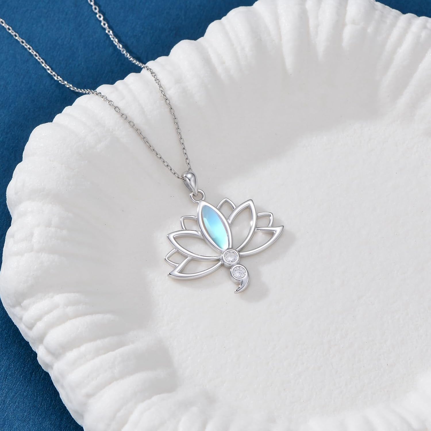 Lotus Semicolon Necklace 925 Sterling Silver Lotus Pendant Moonstone Semicolon Jewelry for Women - Image 5