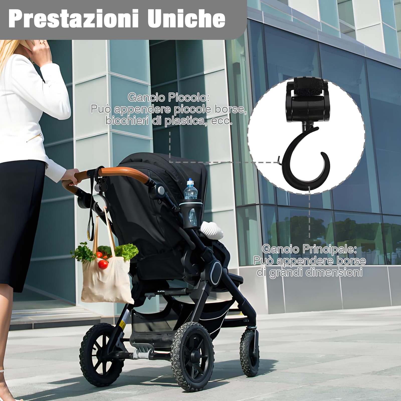 6 Pezzi Nero Ganci Passeggino Antiscivolo, Gancio Passeggino Universali Gancio Passeggino per Borsa Rotanti Ganci Borsa Passeggino di Leggero per Passeggino Amaca Borsa Passeggino
