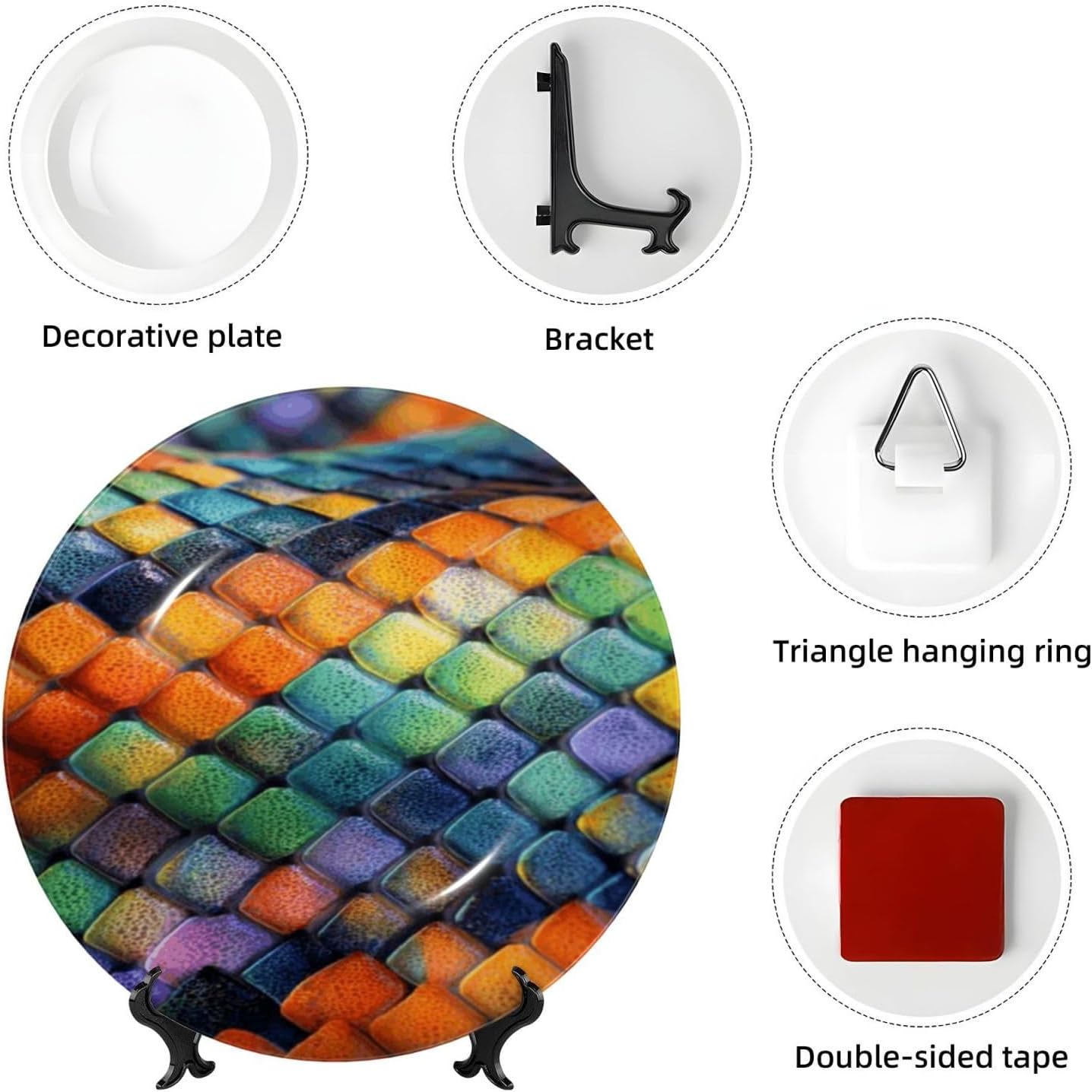 Bone China Decorative Plate with Display Rainbow Fish Scale Ceramic Plates Crafts Art Decor Dessert Plate Ceramic Ornament Porcelain Plates for Living Room Kitchen Table Home Decor