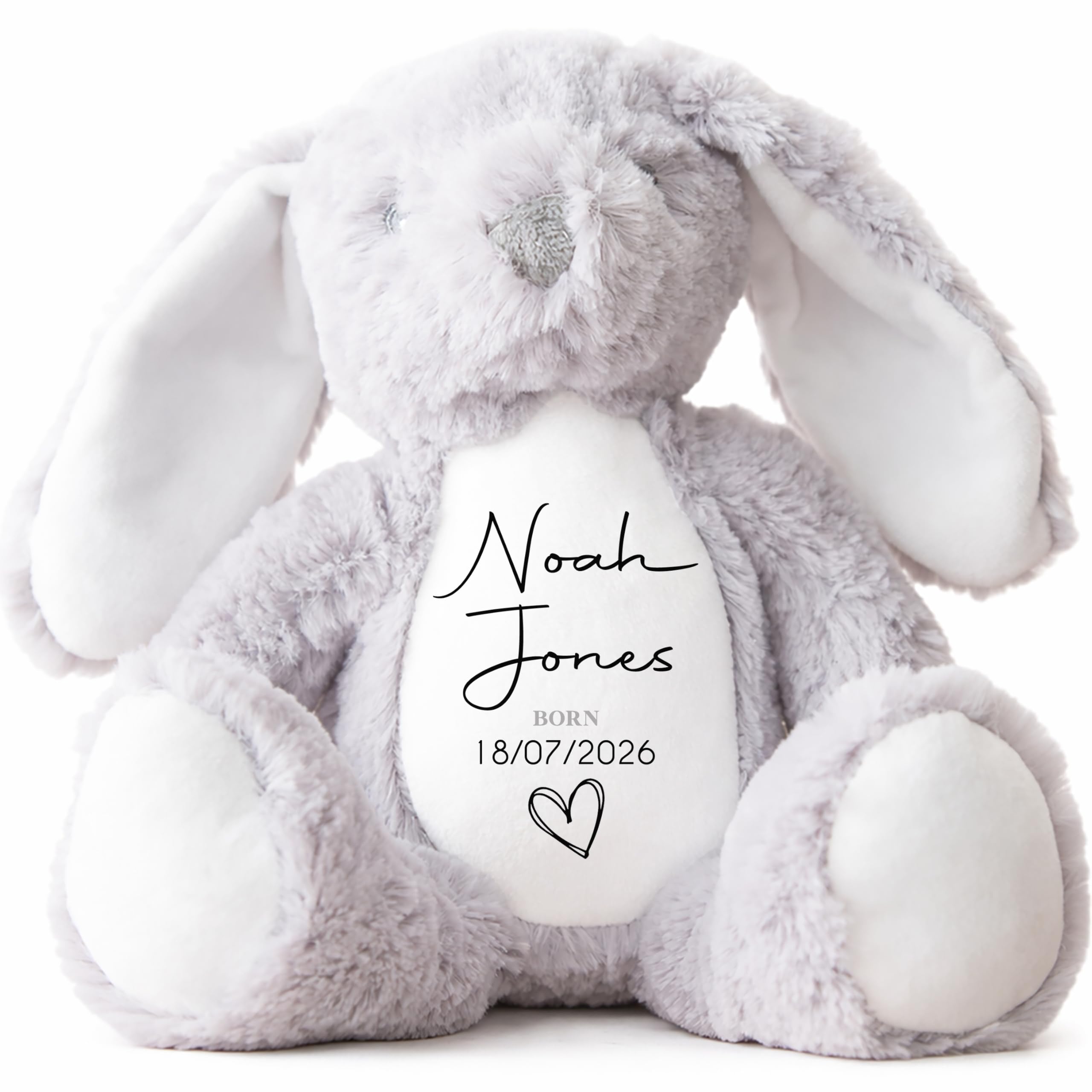 Personalised Teddy, Custom Newborn Teddy | Grey Bunny Rabbit, Baby Announcement Teddy Bear, Personalised Newborn Gift Ornament, Name Heart