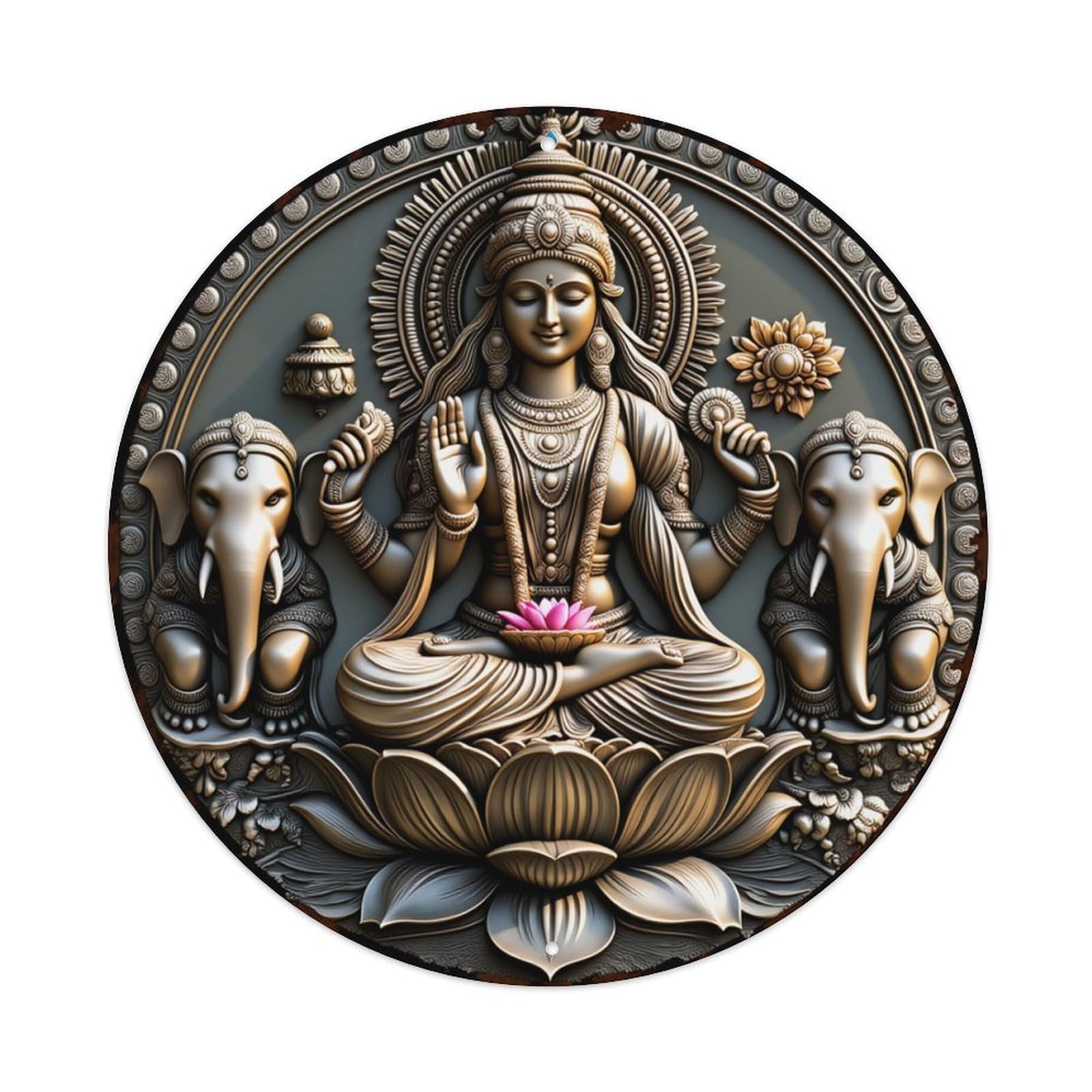 Divine Goddess With Elephants And Lotus Round Tin Sign Retro Metal Sign for Cafe Bar Pub Home Game Room Gym Club Wall Decoration Vintage Metal Poster 8x8 Inch