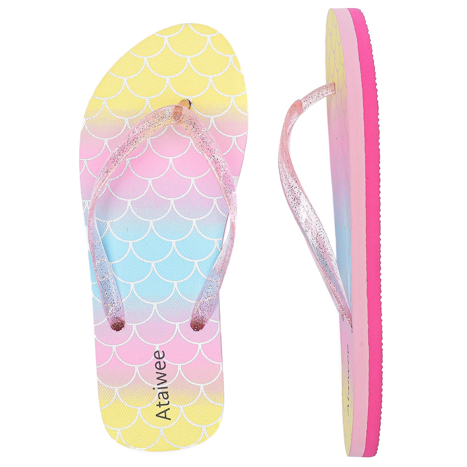 Ataiwee Chanclas para niñas, sandalias de playa para niños pequeños y grandes, sandalias de colores estampados para niños.