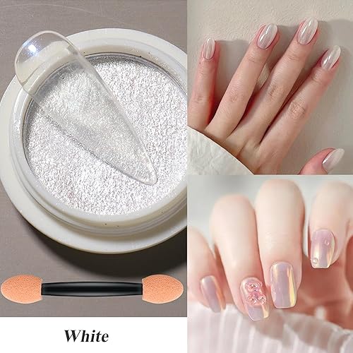 Miniatura 3 de GoLashFun Polvo de uñas cromado y perla blanca,Aurora Nail Mermaid Powder Daily Charm,Polvo de efecto espejo mágico para uñas, decoración de salón