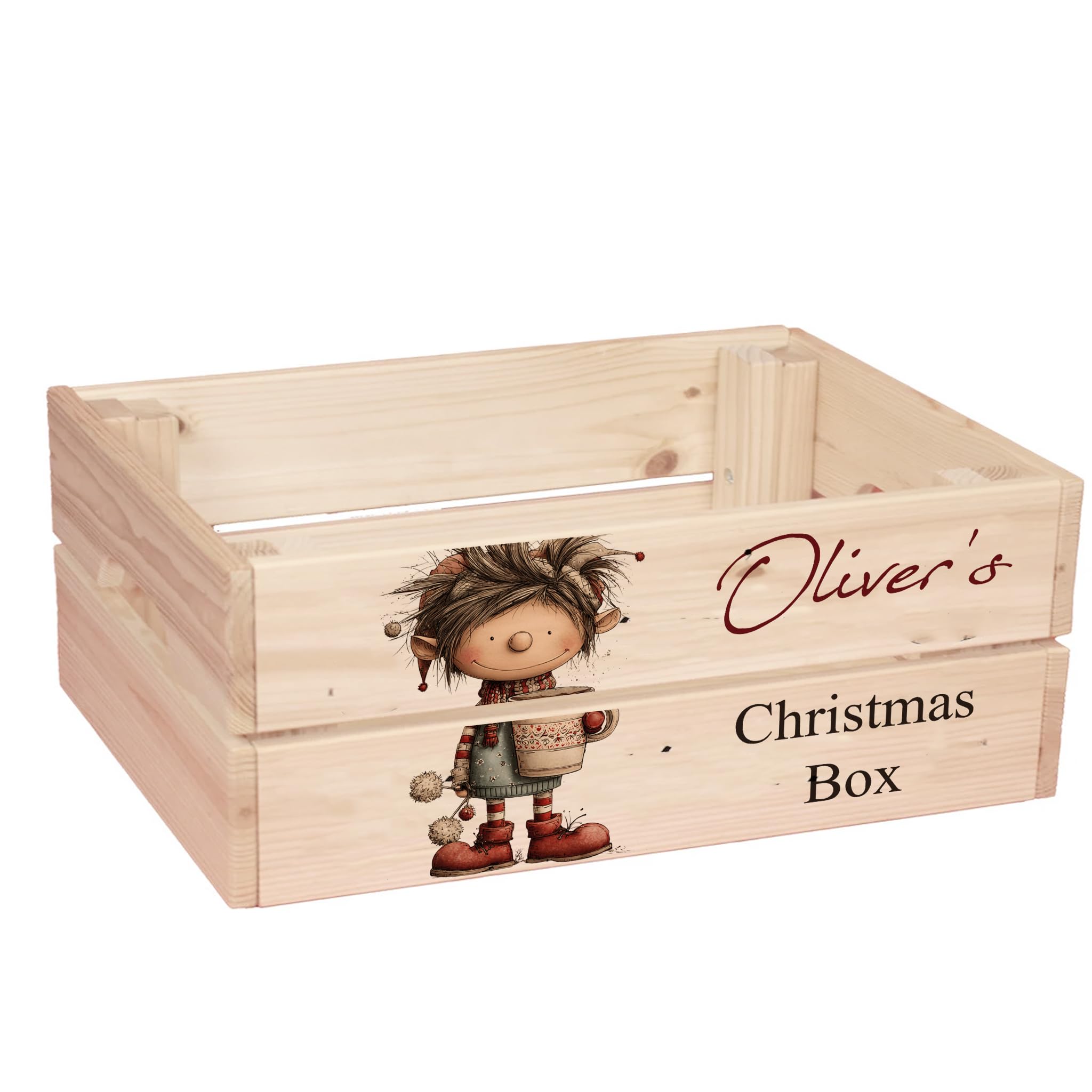 ukgiftstoreonline Personalised Christmas Eve Box with Santa, Trees, Reindeer, Snowman Designs, Wooden Storage Crate, 30.5 x 25 x 12 cm, Holiday Presentation Box with Side Handles (ELF-4) โ image 1