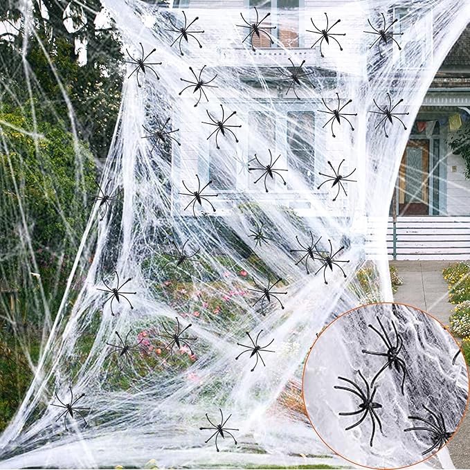 PartyToko 500 sqft Spider Webs Halloween Decorations Bonus with 10 Fake Spiders, Super Stretch Cobwebs for Halloween Indoor and Outdoor Party Supplies 4