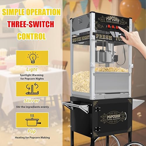 Miniatura 8 de Máquina de palomitas de maíz de 20 onzas con carrito, ruedas y hervidor de acero inoxidable, estilo vintage, máquina para hacer palomitas de maíz