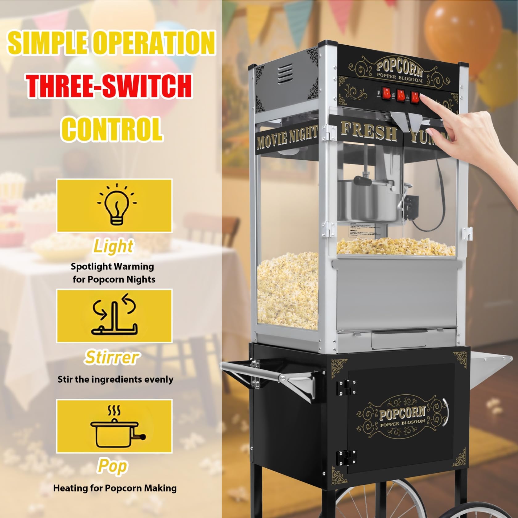 Máquina de palomitas de maíz de 20 onzas con carrito, ruedas y hervidor de acero inoxidable, estilo vintage, máquina para hacer palomitas de maíz para fiestas, eventos, uso doméstico y comercial 8