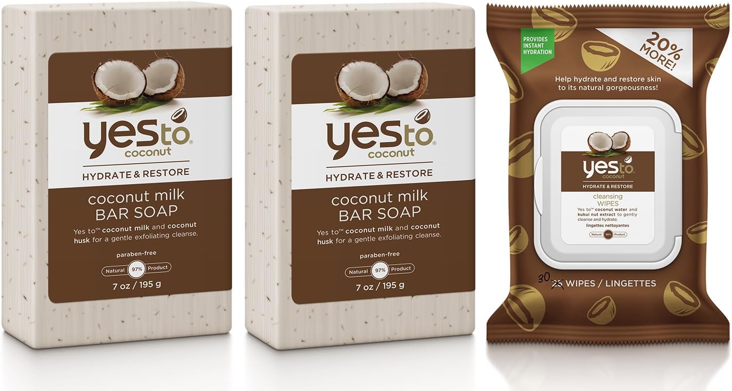 Yes to Coconut Milk Bar Soap (Pack of 2) and Cleansing Wipes Bundle with Coconut Oil, Shea Butter, and Banana Fruit Extract, 7 oz. and 30 wipe pack
