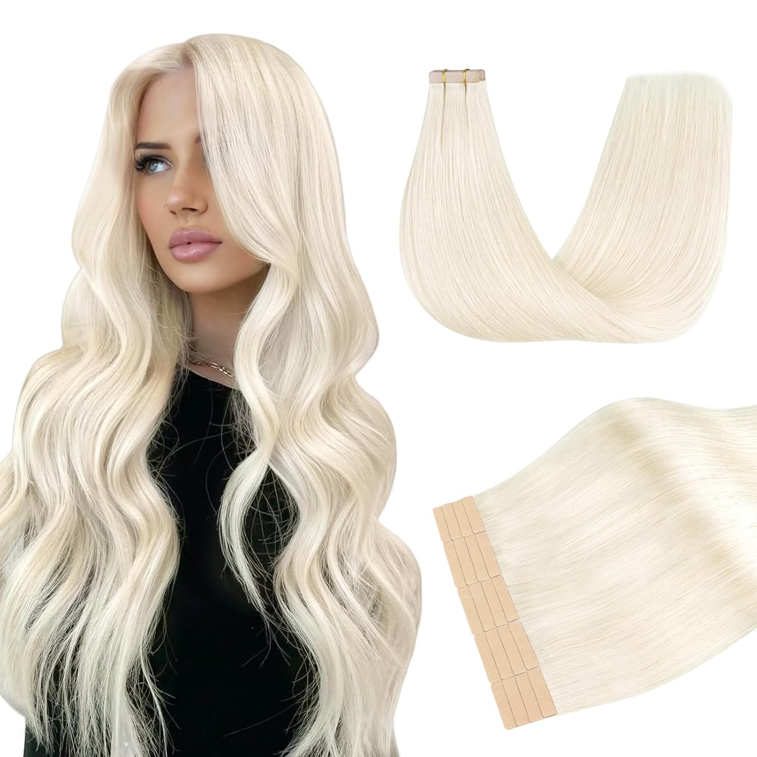 DOORES Tape in Hair Extensions Real Human, Pearl Blonde 20 Inch 50g 20pcs, Invisible Hair Extensions Tape in Natural Pearl Blonde Straight Seamless Human Real Skin Weft