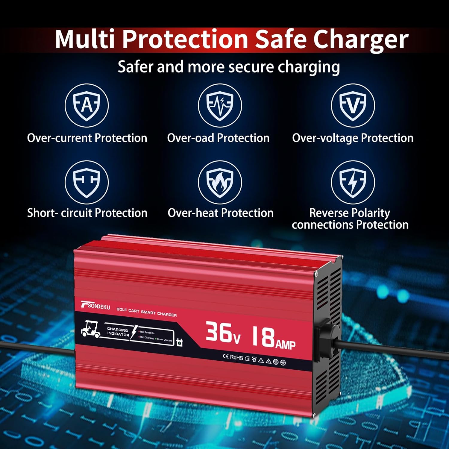 18 AMP 36 Volt Golf Cart Battery Charger - 36V Golf Cart Accessories for EZGO TXT with D Style Plug, 4-6 Hrs Fast Charge, 16FT Cord, Aluminum Alloy Sturdy Shell, Replacement for EZGO Charger