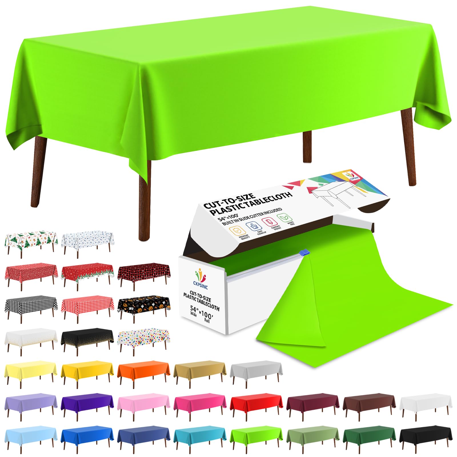 CXPSINC 54 Inch X 100 Feet Plastic Table Cover Roll Disposable Tablecloth with Slide Cutter for All Type/Shape Tables | Party, Banquet, Birthdays, Weddings(Lime Green, 100 Feet) — image 1